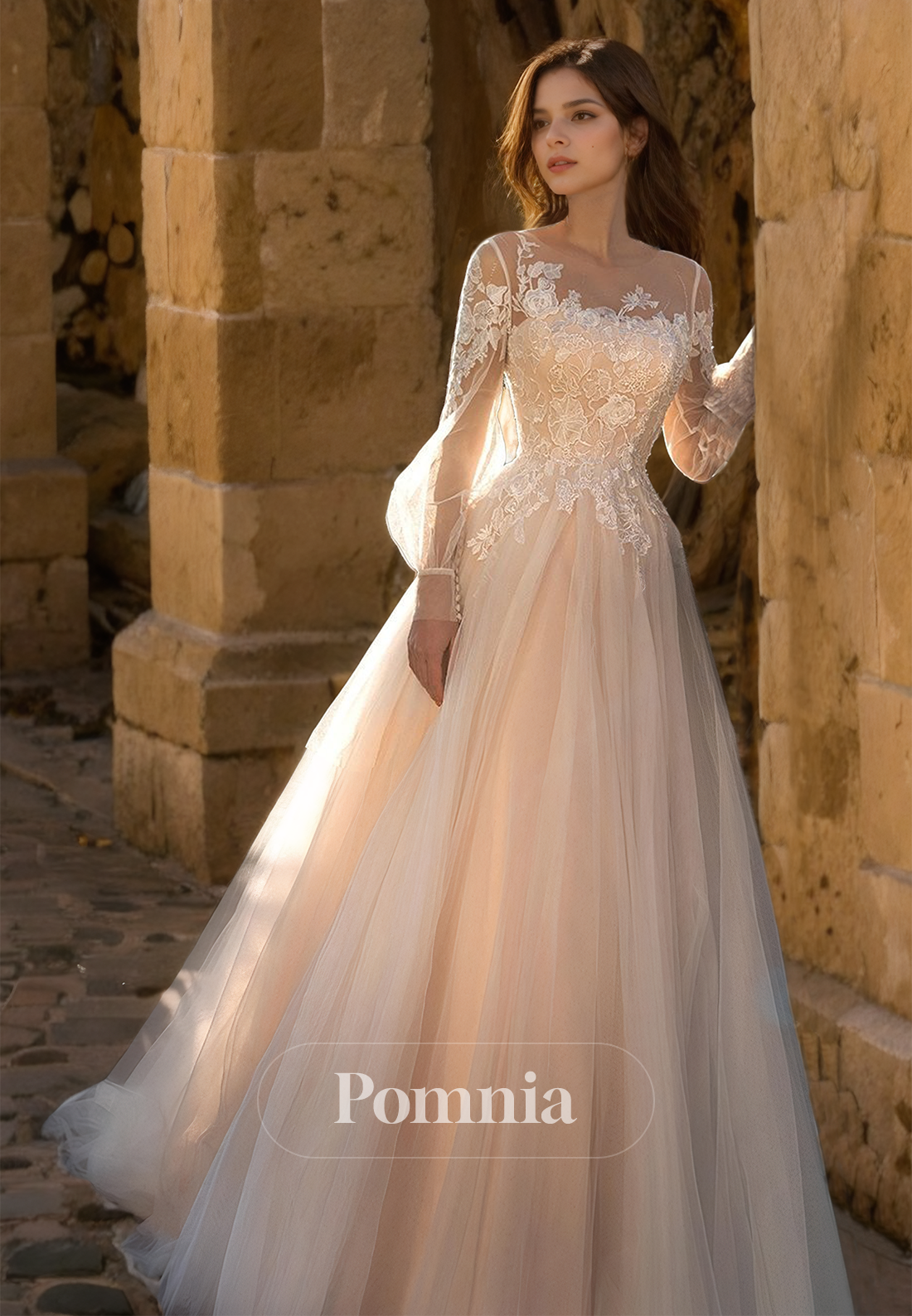 Elegant A-Line Lace Long Sleeves Scoop Floral Appliques Romantic Wedding  Dress