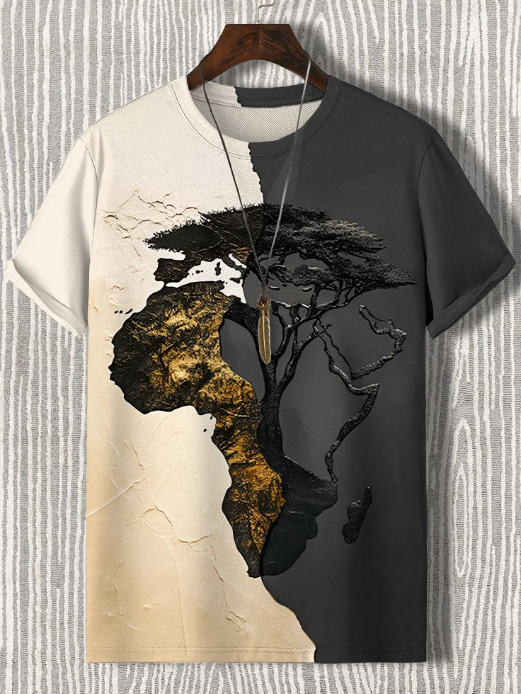 Men's Africa Map Tree Roots Splicing Art Print T-Shirt