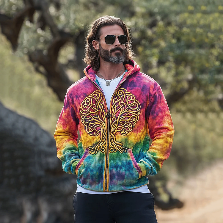 Vintage Viking Tree Of Life Tie-dye Celtic Graphics Cozy Hooded Jacket