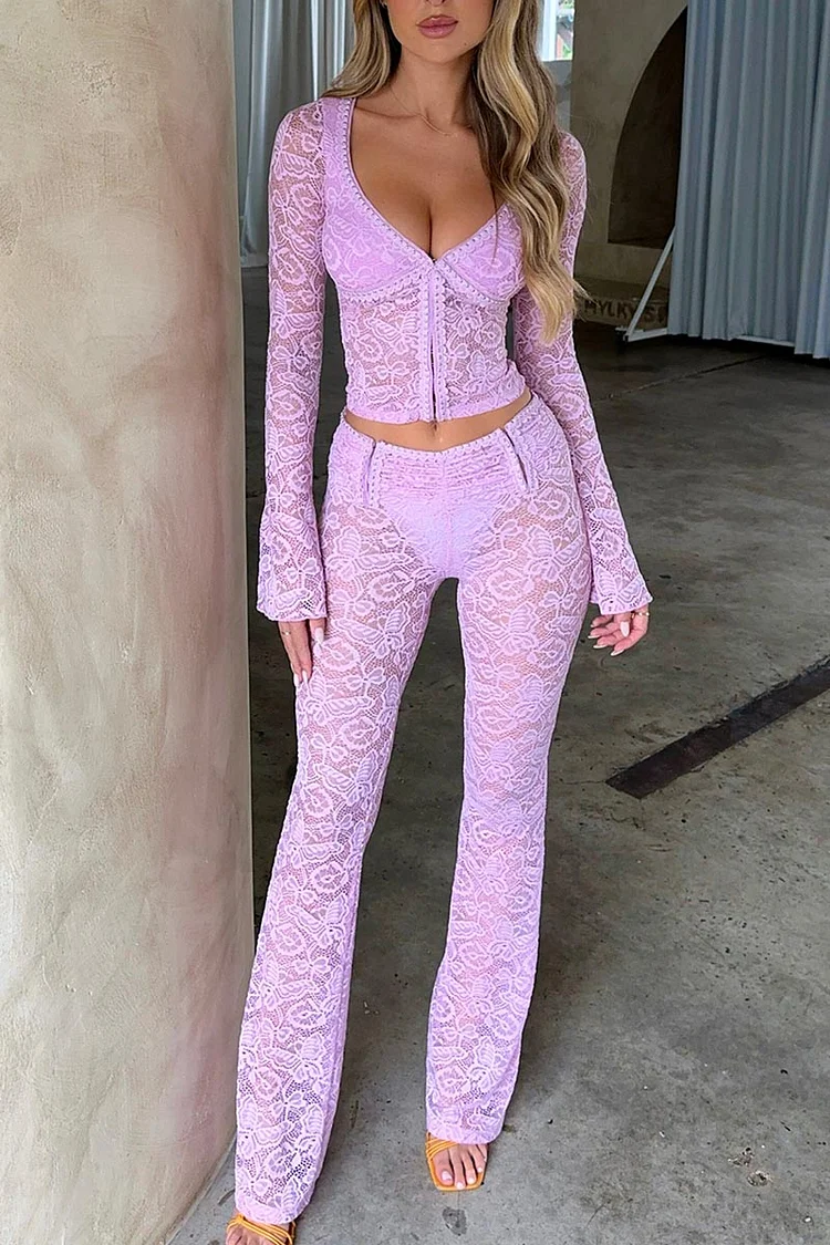 V Neck Long Sleeve Butterfly Jacquard Crop Top See Through Pants Matching Set-Pink