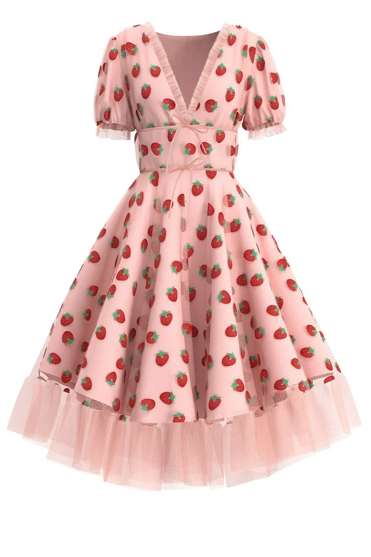1950s Pink Party Strawberry Sequins Mesh Lace Up Lantern Sleeve Midi Dress