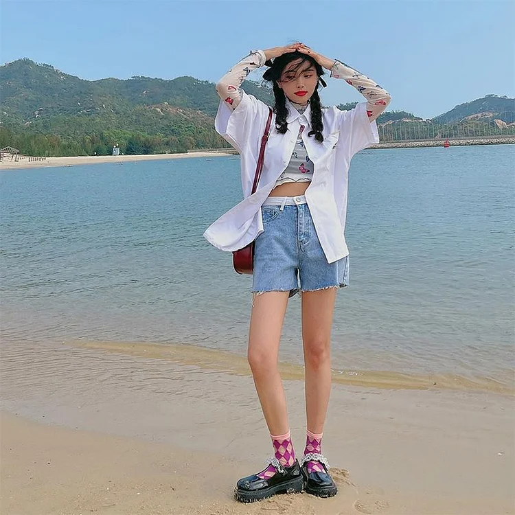 Korean Fashion Loose All-match short Jeans TK086