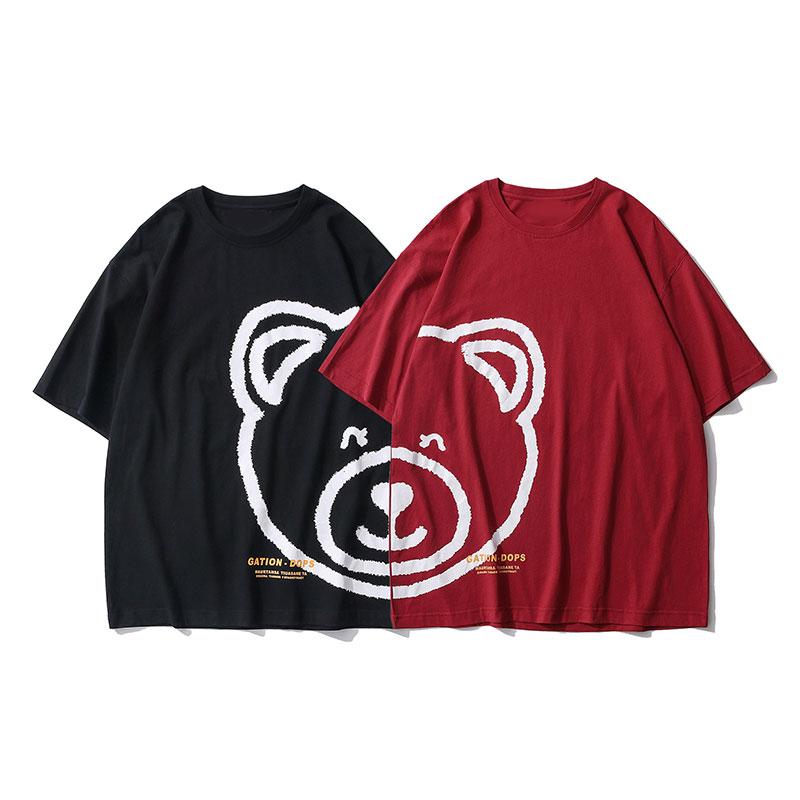 Girlfriend Boyfriend Left Right Bear Print Loose T-shirt
