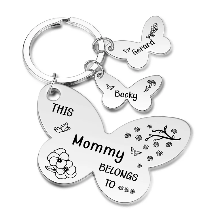 Personalized 2 Names & 2 Birthday Flowers & 1 Text Keychain Custom Butterfly Family Keychain Gift for Mother/Grandma