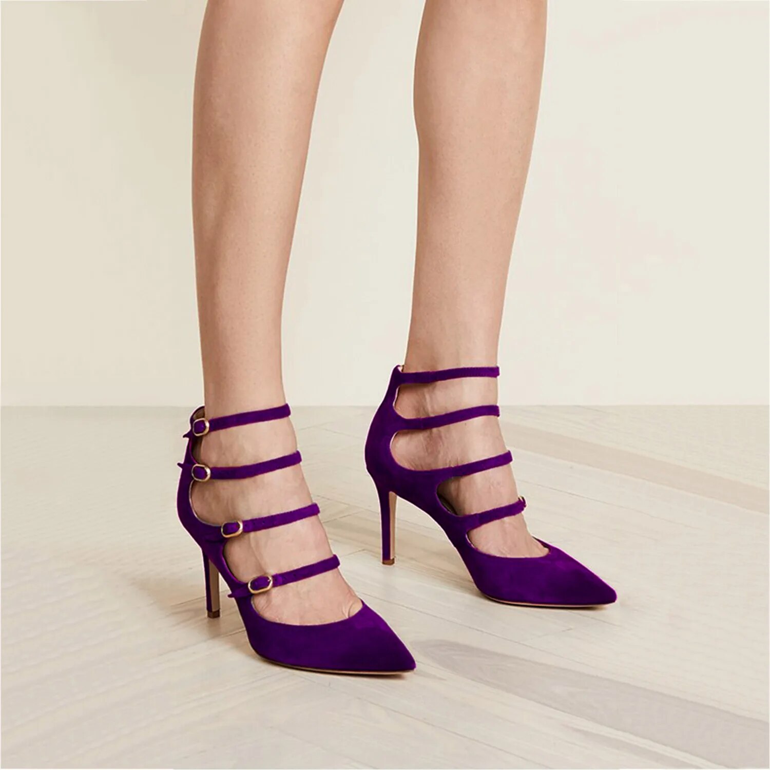 TAAFO Purple Four Buckle Strap Suede Women' Pumps High Stiletto Heels Narrow Band Dress Office Ladies Shoes 