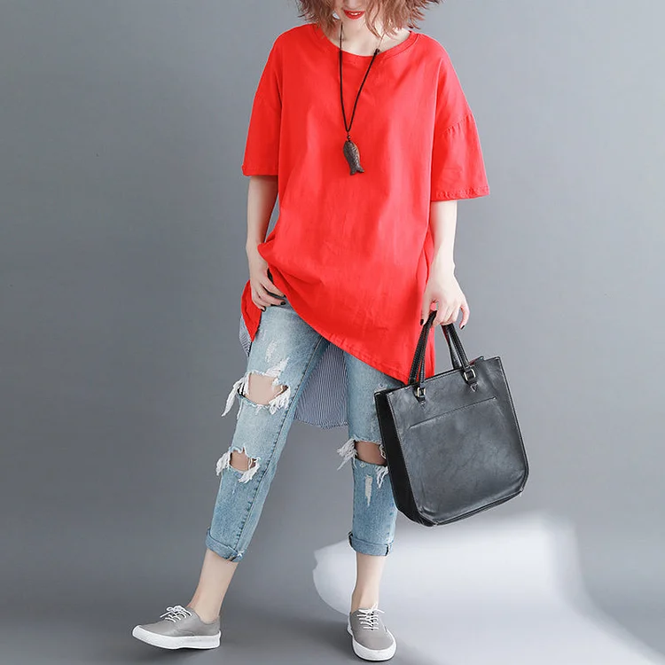 baggy red pure linen cotton blouse casual shirts boutique o neck striped Batwing Sleeve cotton clothing