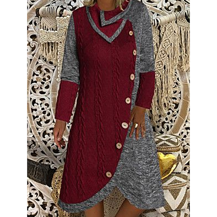 Comstylish Folding Collar Long Sleeve Button Stitching Irregular Sweater