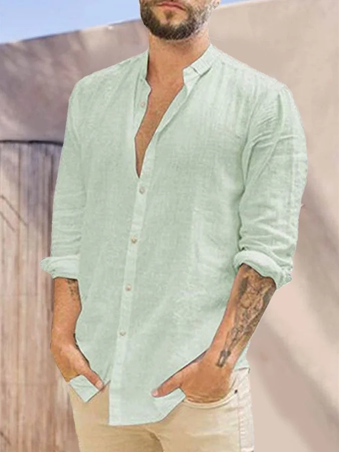 Cotton Linen Solid Color Casual Stand Collar Long Sleeve Shirt socialshop