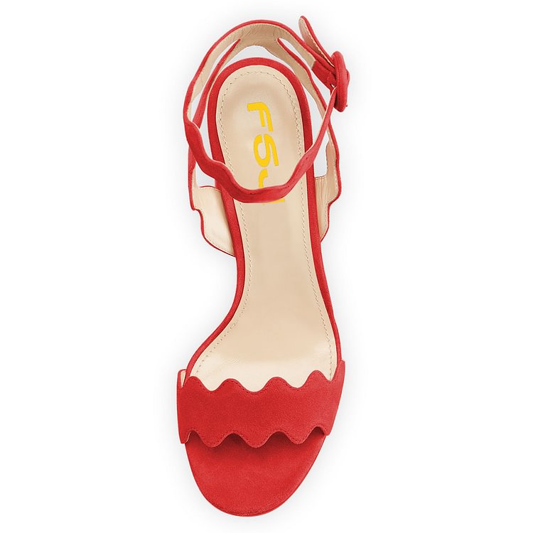 Red Suede Curve Ankle Strap Platform Chunky Heel Sandals |FSJ Shoes