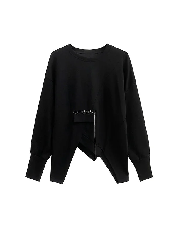 Cool Loose Black Round-Neck Top Stitched Asymmetric Hem Long Sleeve Sweatshirt