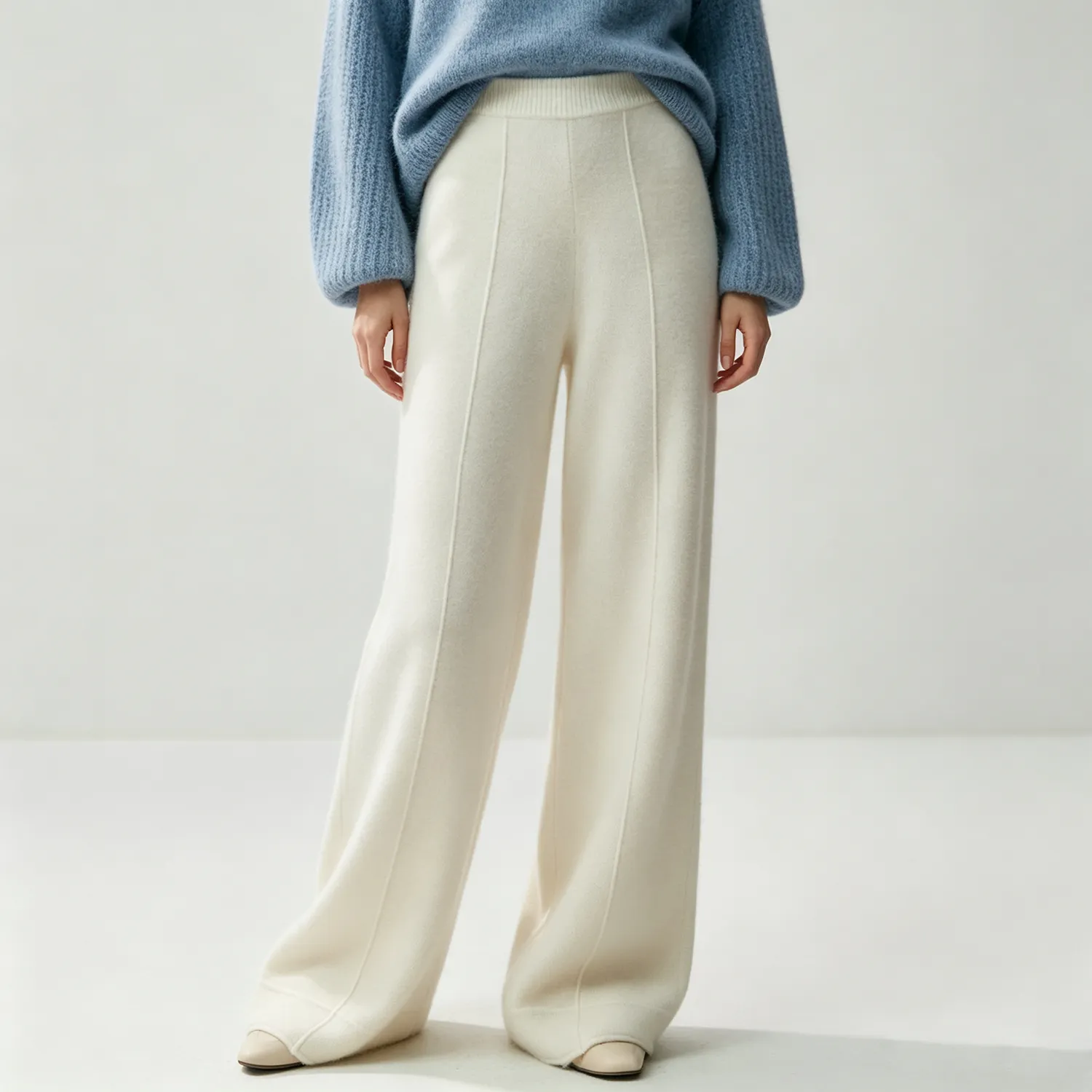 Cashmere Wool Blend Knit Pants Pleated High Waist Straight Leg Daily Style REAL SILK LIFE