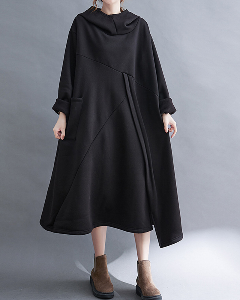 High Low Hem Long Sleeve Loose Hooded Midi Dress