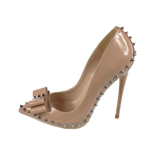 VCshoes Dark Nude 12cm Extreme High Heels Women Shoes With Bow Rivets Black Red Pointed Toe Shallow Women Pumps Plus Size MD002