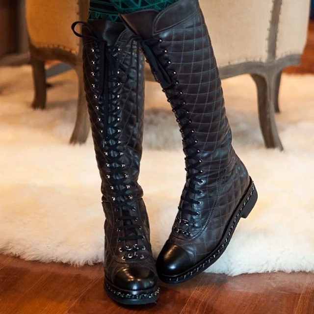 Black Quilted Lace Up Fashion Flat Knee High Boots |FSJ Shoes