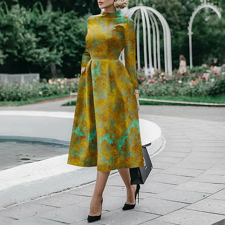 Vefave Crew Neck Vintage Oil Painting Slip Pocket Midi Dress