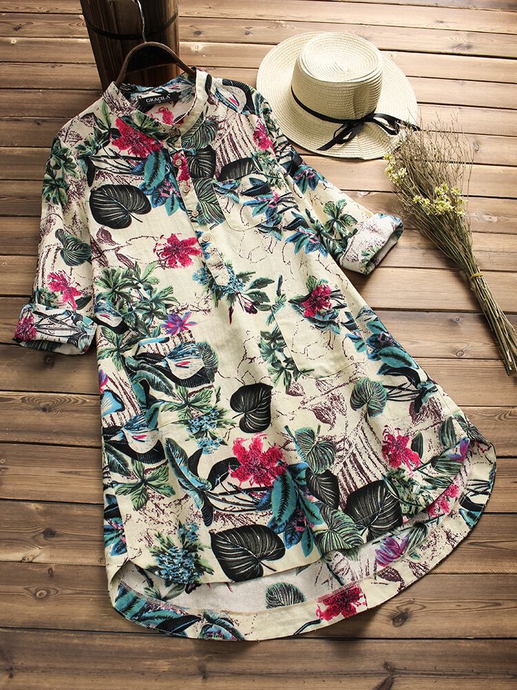 Printed Stand Collar Long Sleeve Casual Button Blouse