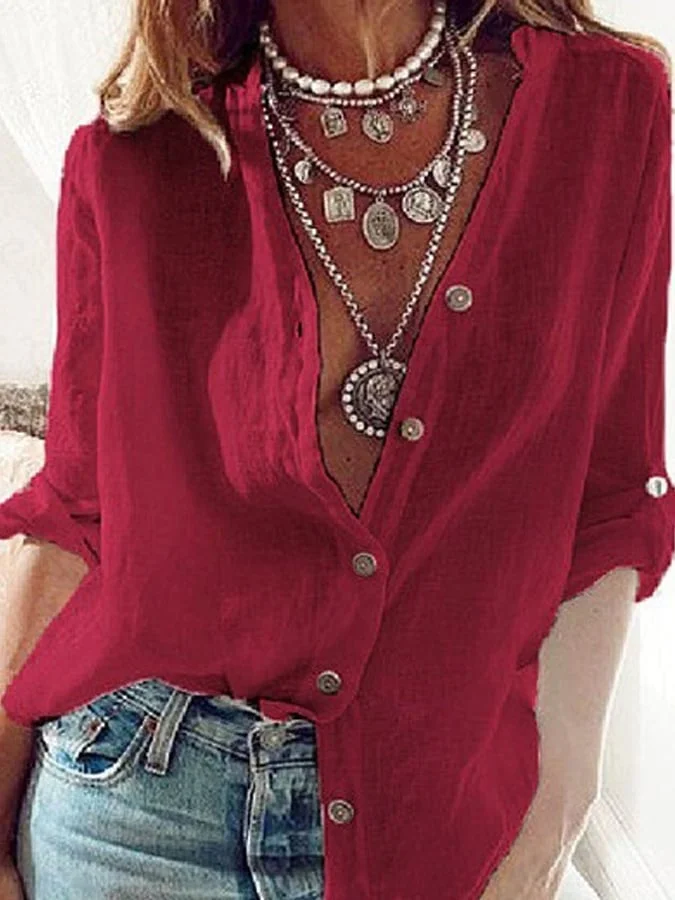 Ladies Solid Color Pull-Sleeve Loose V-Neck Long-Sleeve Shirt