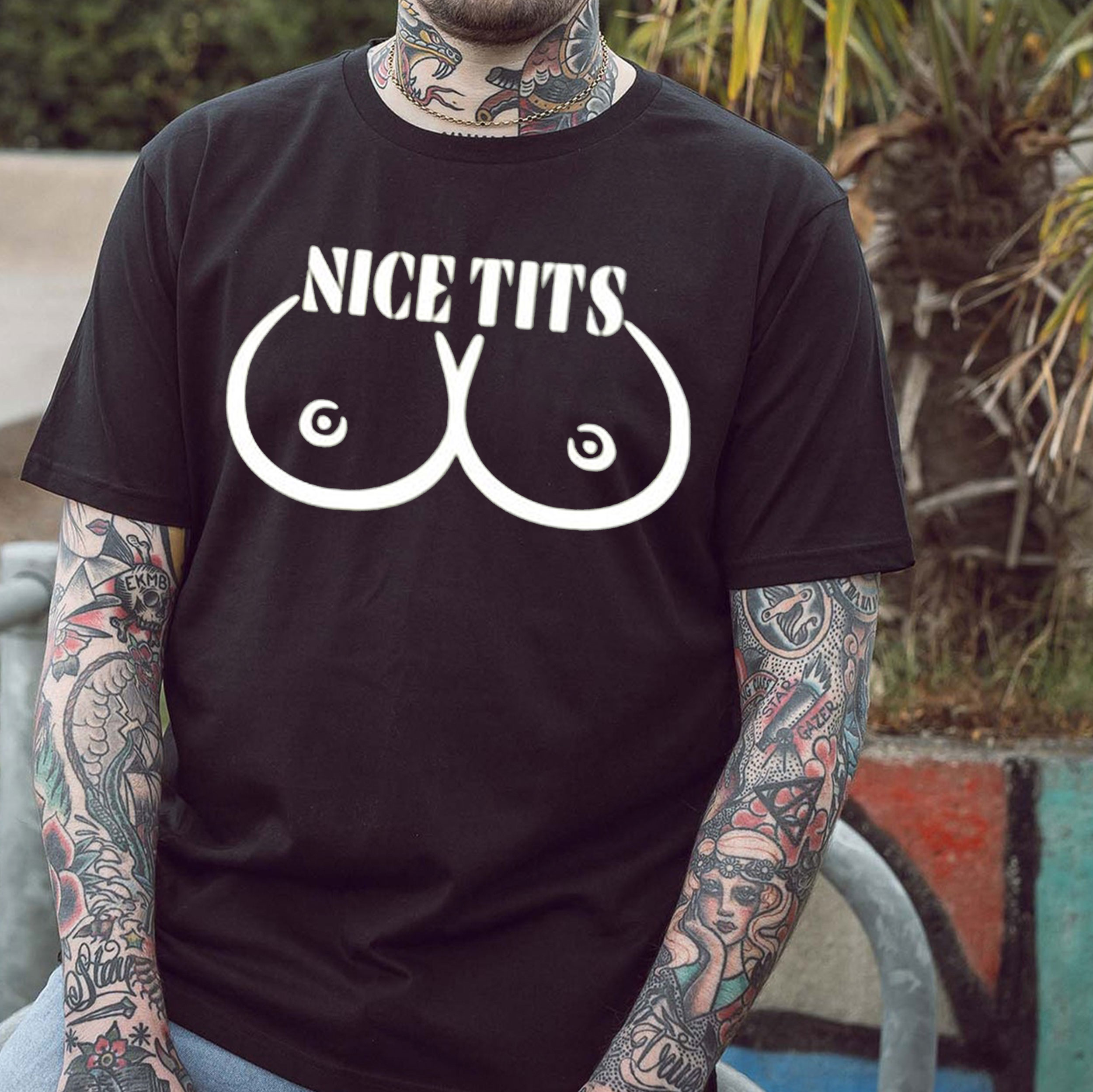 NICE TITS Naked Boobs Graphic Black Print T-Shirt