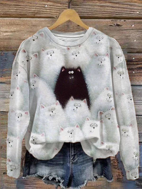Women's Watercolor Cat Print Casual Long Sleeve Sweatshirt