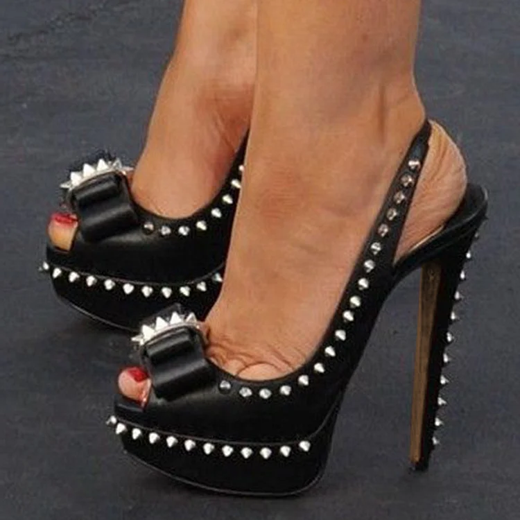 Black Peep Toe Studded Stiletto Heel Slingback Pumps with Platform |FSJ Shoes