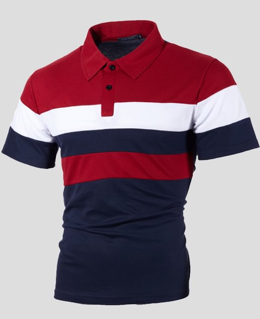 Classic Striped Color Block Henry Neck Short Sleeve Polo Shirt