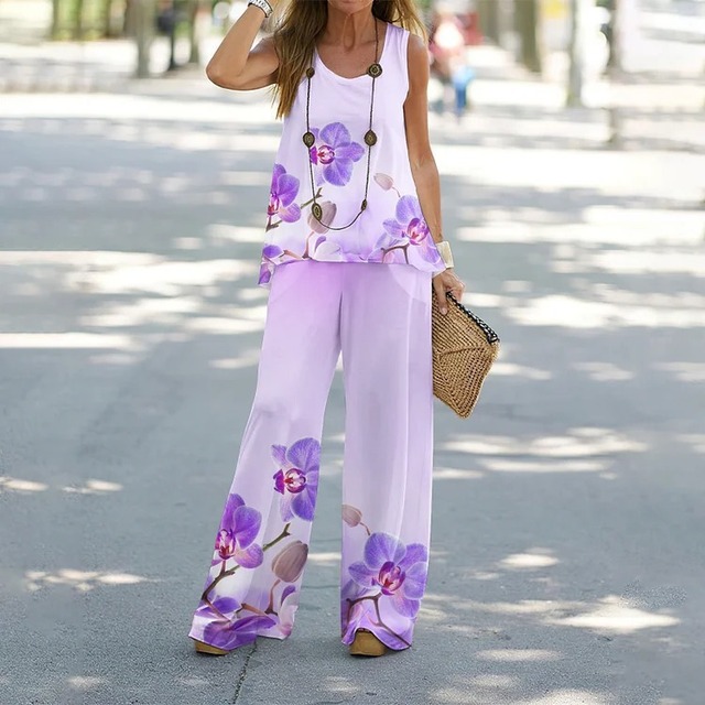 Summer Office Elegant Printed Cotton Casual O-Neck Top + Wide Leg Pants Two Pieces