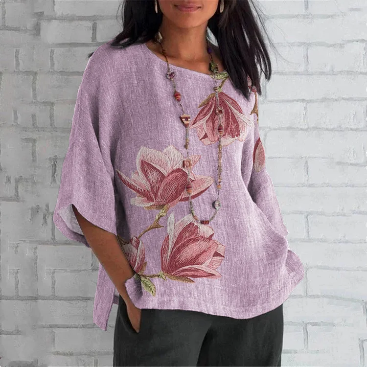 Comstylish Vintage Floral Embroidery Art Linen Blend Cozy Tunic