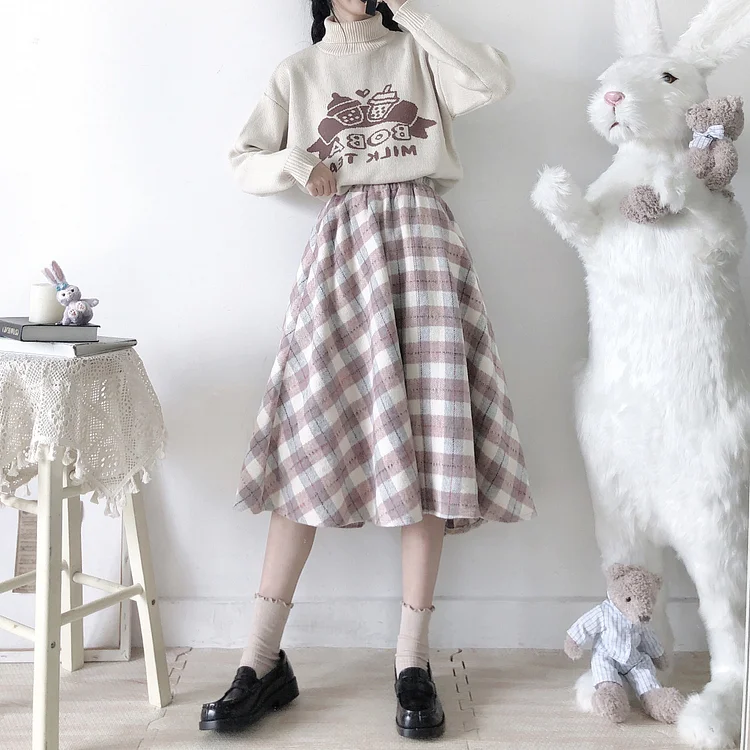 Kawaii Woolen Plaid Long Skirt