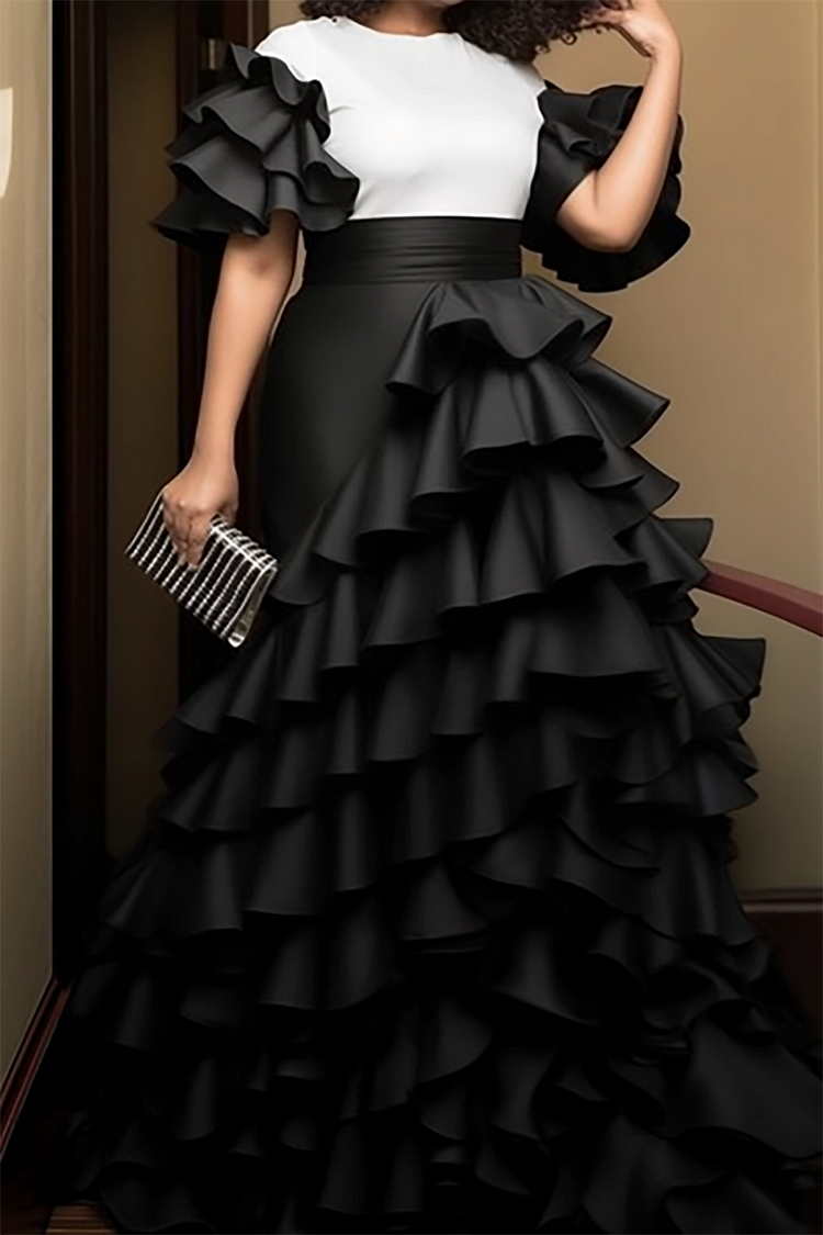 Xpluswear Design Plus Size Mother Of The Bride Maxi Dresses Elegant Black   Crew Neck Short Sleeve Contrast Ruffled Satin Tiered  Maxi Dresses
