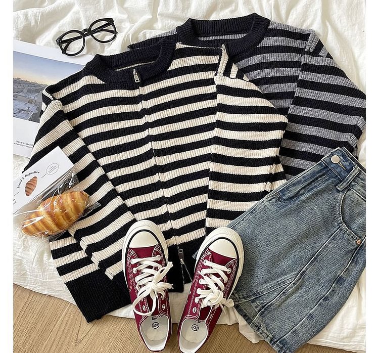 Long-Sleeve Striped Zip Knit Jacket ZL24