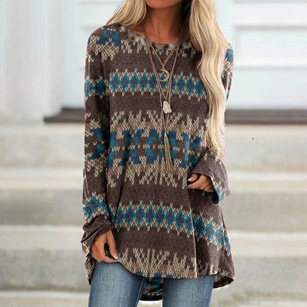 Vefave Vintage Sweater Textured Print Long Sleeve Tunic