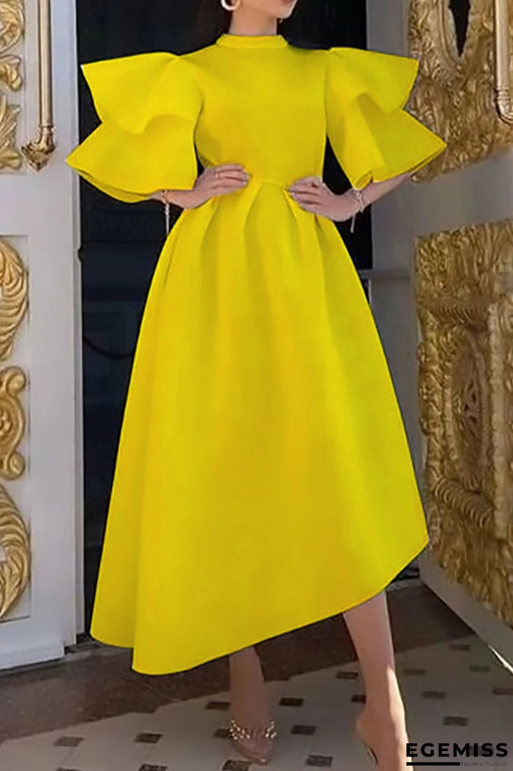 Yellow Fashion Formal Solid Patchwork Half A Turtleneck Evening Dress | EGEMISS