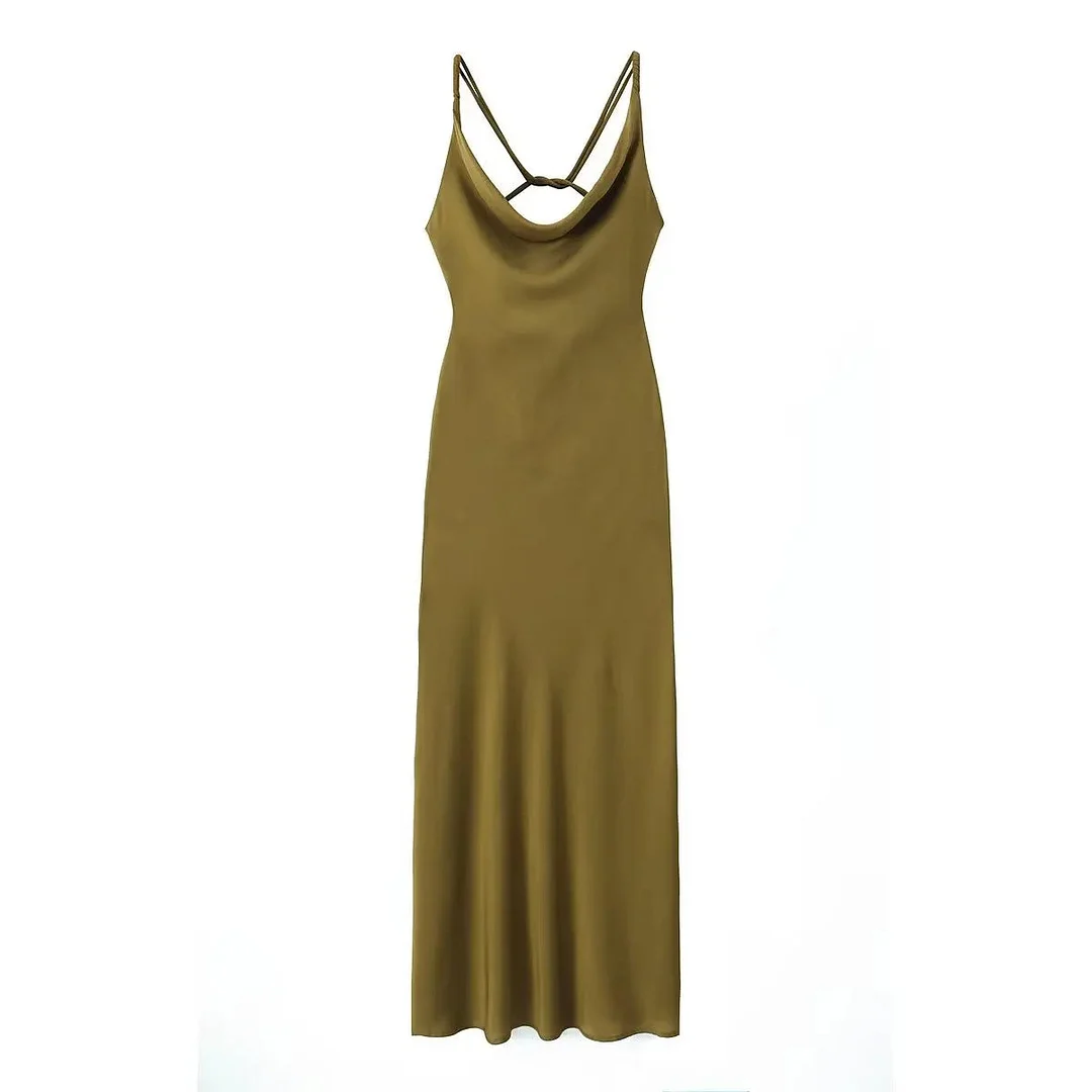 Tlbang New Women Olive Green Satin Slip Dress Crossed Double Thin Strap Back Flowy Neckline Female Party Sexy Dresses
