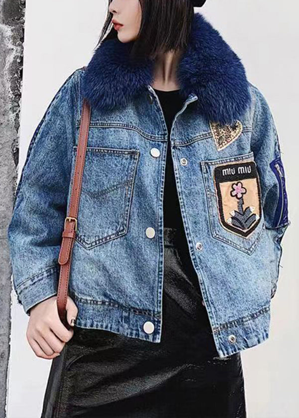 Vintage Denim Jacket With Peter Pan Collar And Buttoned Pockets For Women Colorblock Autumn Ready main image 1