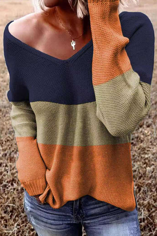 Casual Striped Split Joint Contrast V Neck Tops(3 Colors) - Life is Beautiful for You - SheChoic