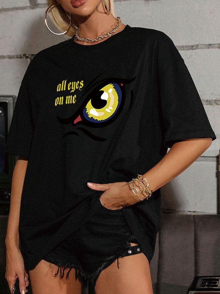 Letters Eye Print O neck Short Sleeve Loose T Shirt For Women P1826427