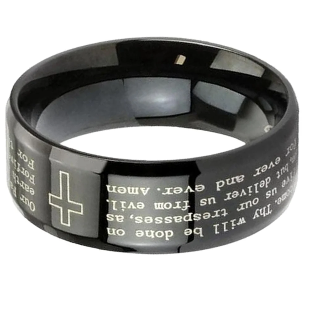 8MM Bible Lords Prayer Cross Scratch Prevention Black Tungsten Rings