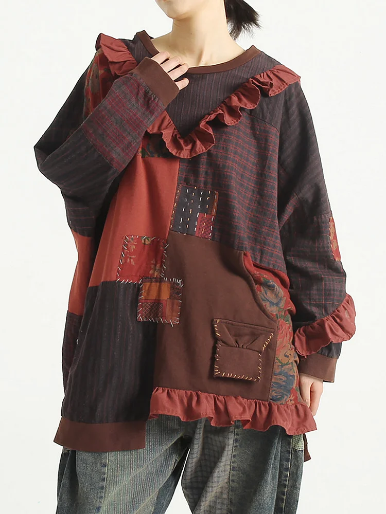 Irregular Patchwork Long Sleeve Women Roomy T Shirt
