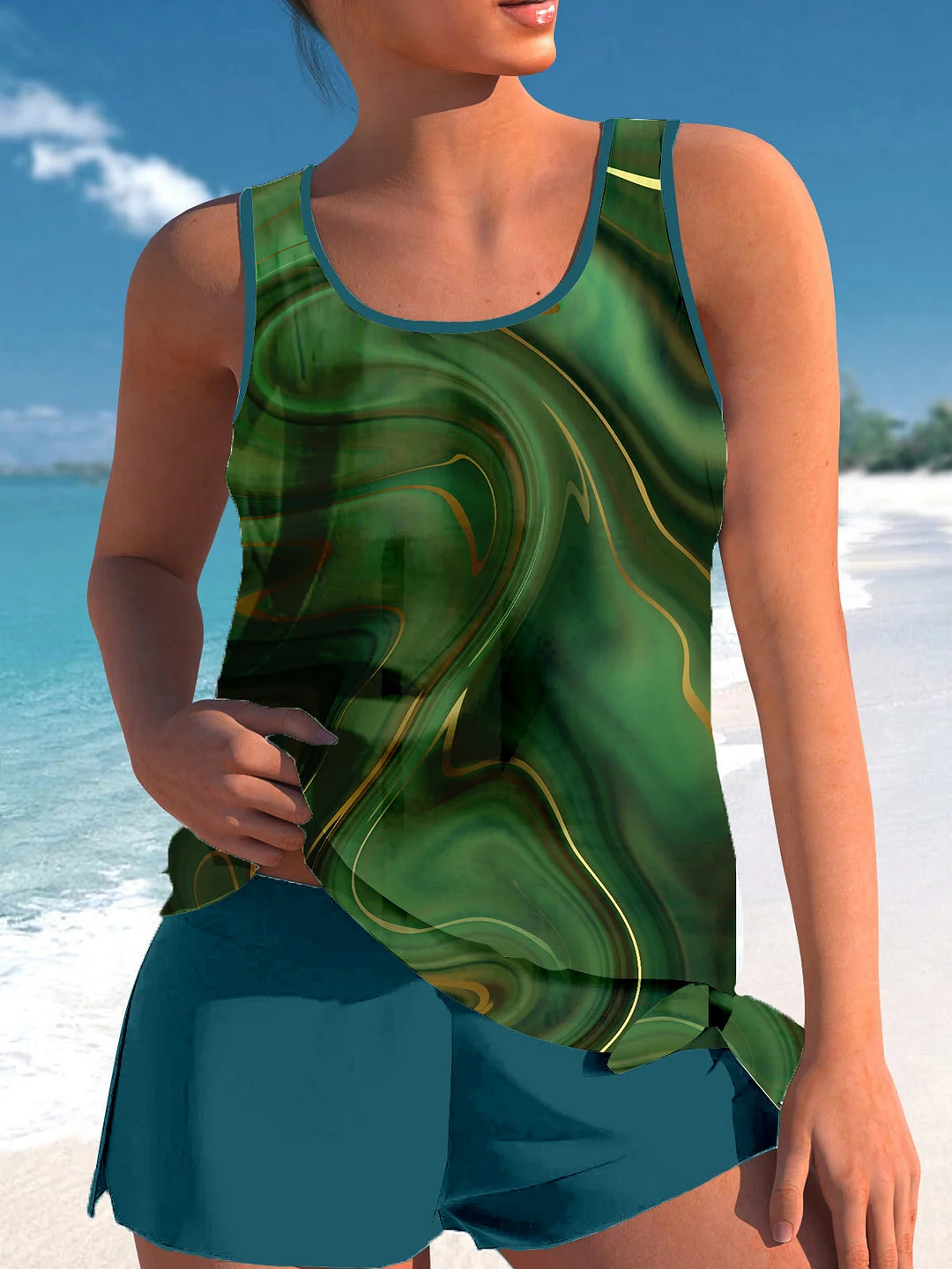Bowknot Green Graphic Mid Waisted Tankini Set - Plus Size Available
