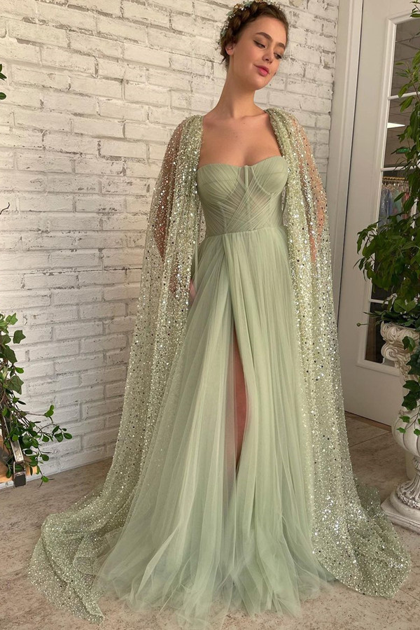 Dresseswow Sage Green Strapless Tulle Prom Dress Long Split With Sequins Cape