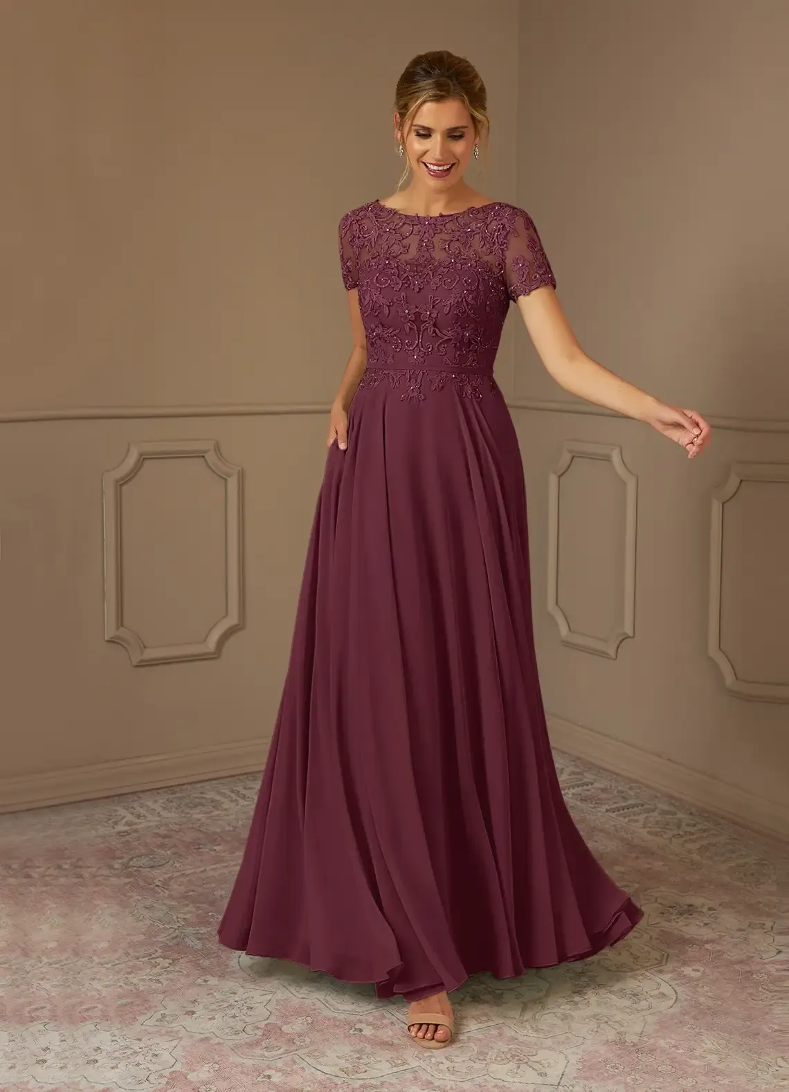 Lussooy Exquisite Cabernet Chiffon Embroidery Bateau Neck Beading Short Sleeves Mother of The Bride Dress