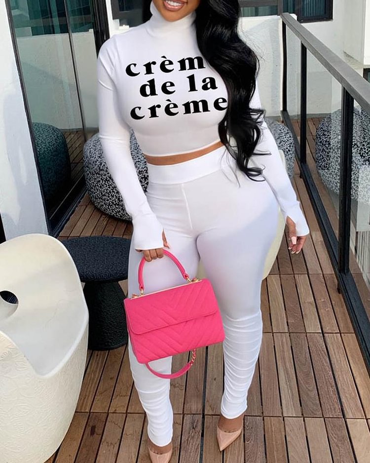 Letter Print Thumb Hole High Neck Top & Pants Set - Shop Trendy Women's Clothing | LoverChic