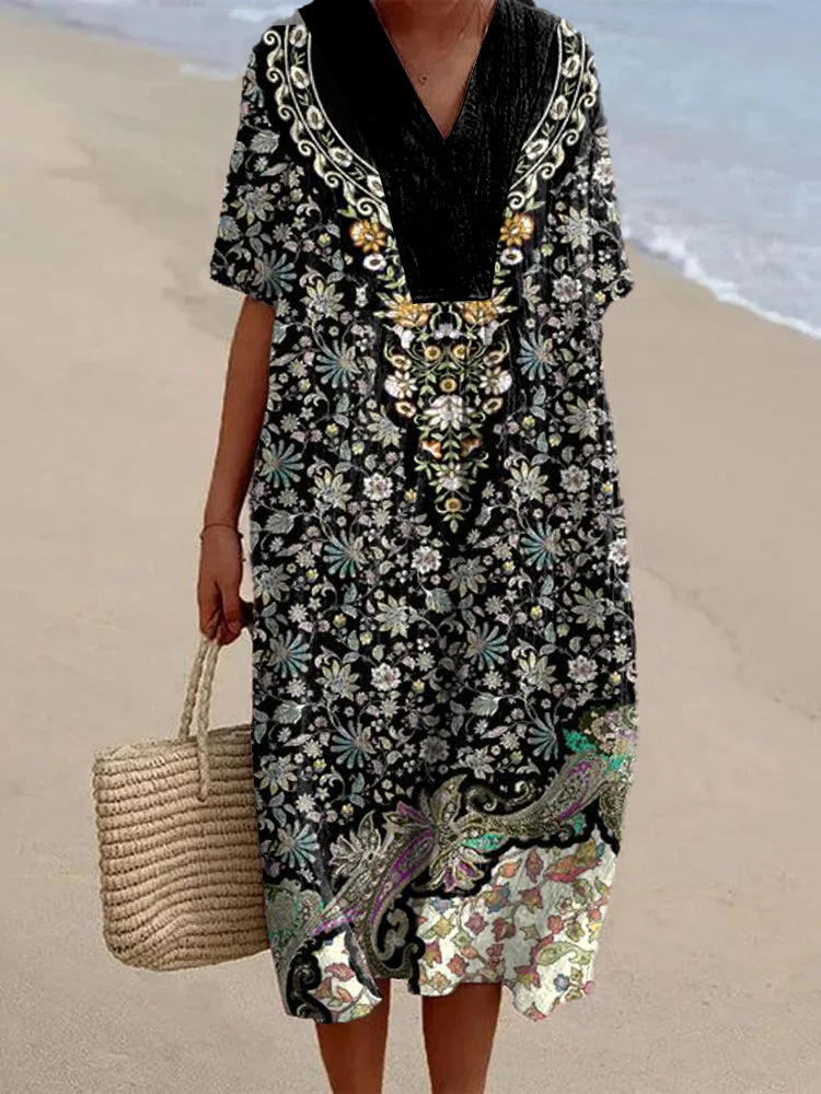 Japanese Art Floral Pattern Linen Blend Midi Dress
