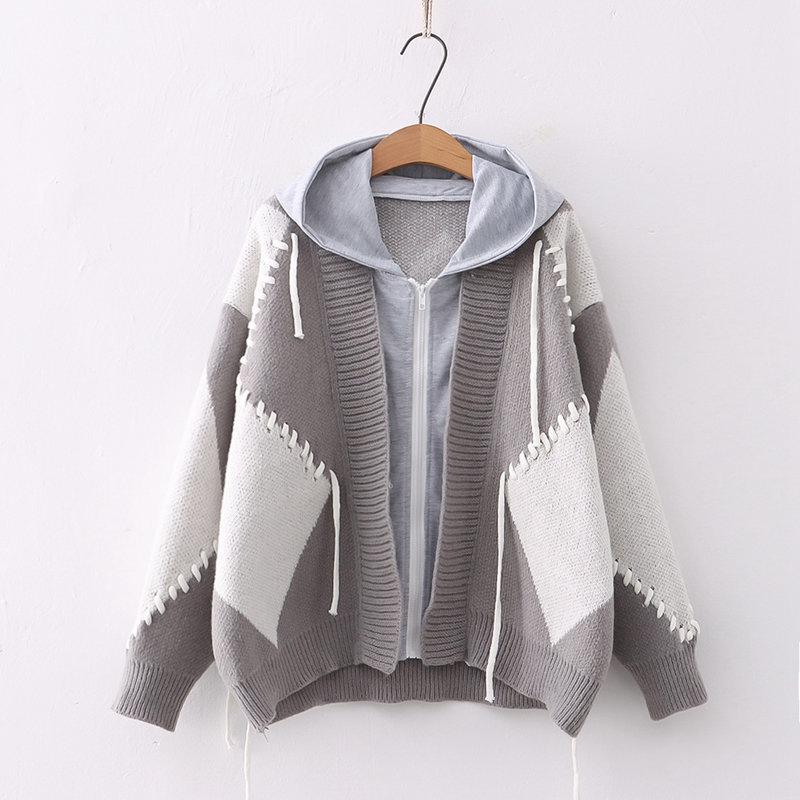 Colorblock Lace Up Fake Two Pieces Hooded Cardigan Sweater
