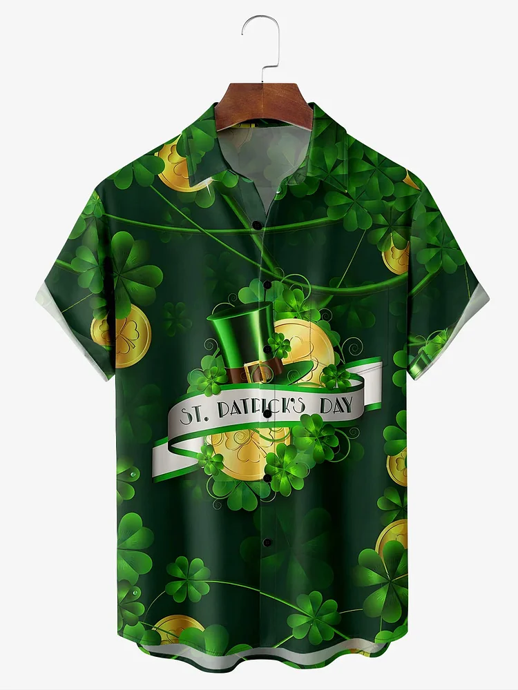 Men's St Patrick's Day Shamrock Gold Coin Print Short Sleeve Shirt