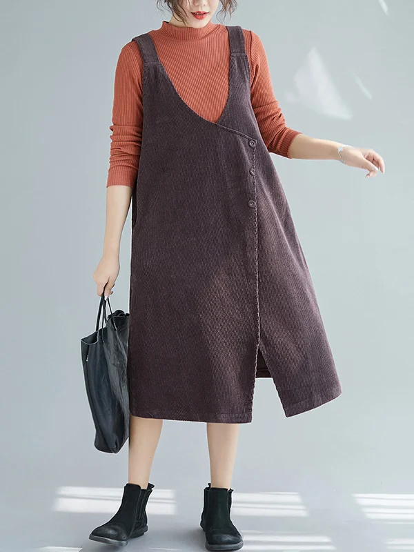 Artistic Retro Roomy Corduroy Pure Color Buttoned V-Neck Sleeveless Strap Dress