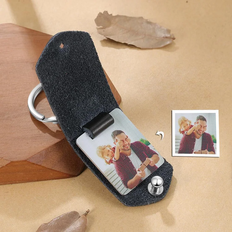 Personalised Photo Keychain with Black Leather Case Custom With Calendar