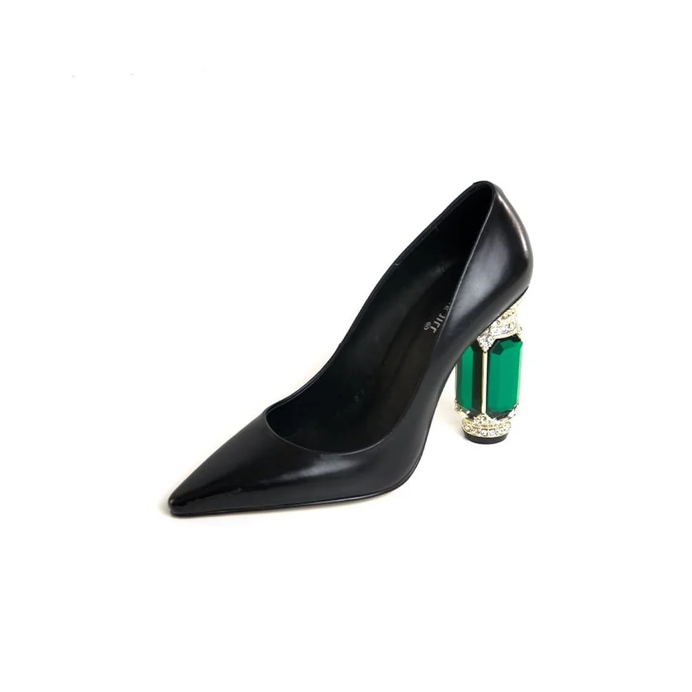 Green Faux Leather Pointy Toe 4'' Crystal Decorative Heel Pumps Nicepairs