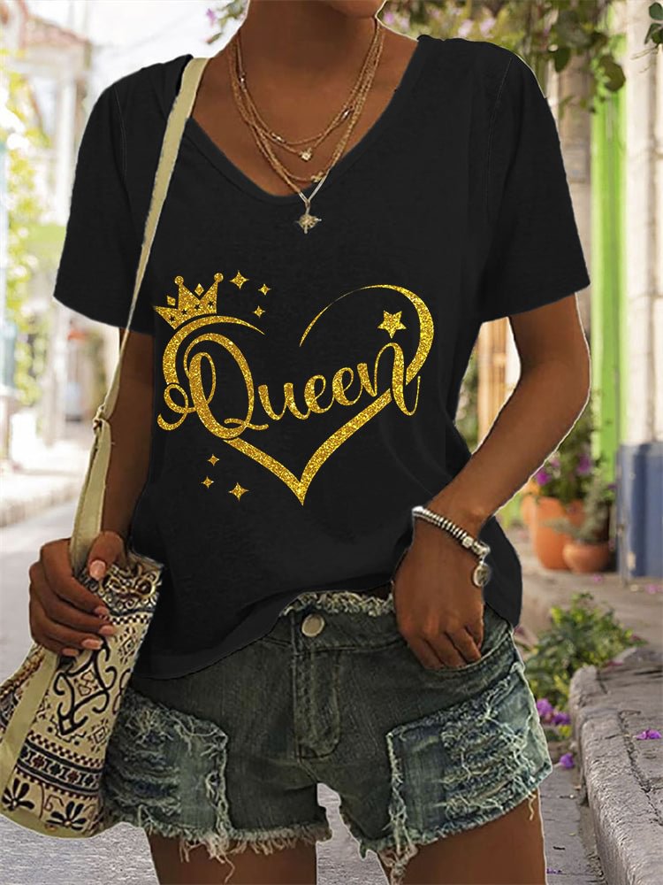 VChics Queen Print V Neck Short Sleeve T Shirt