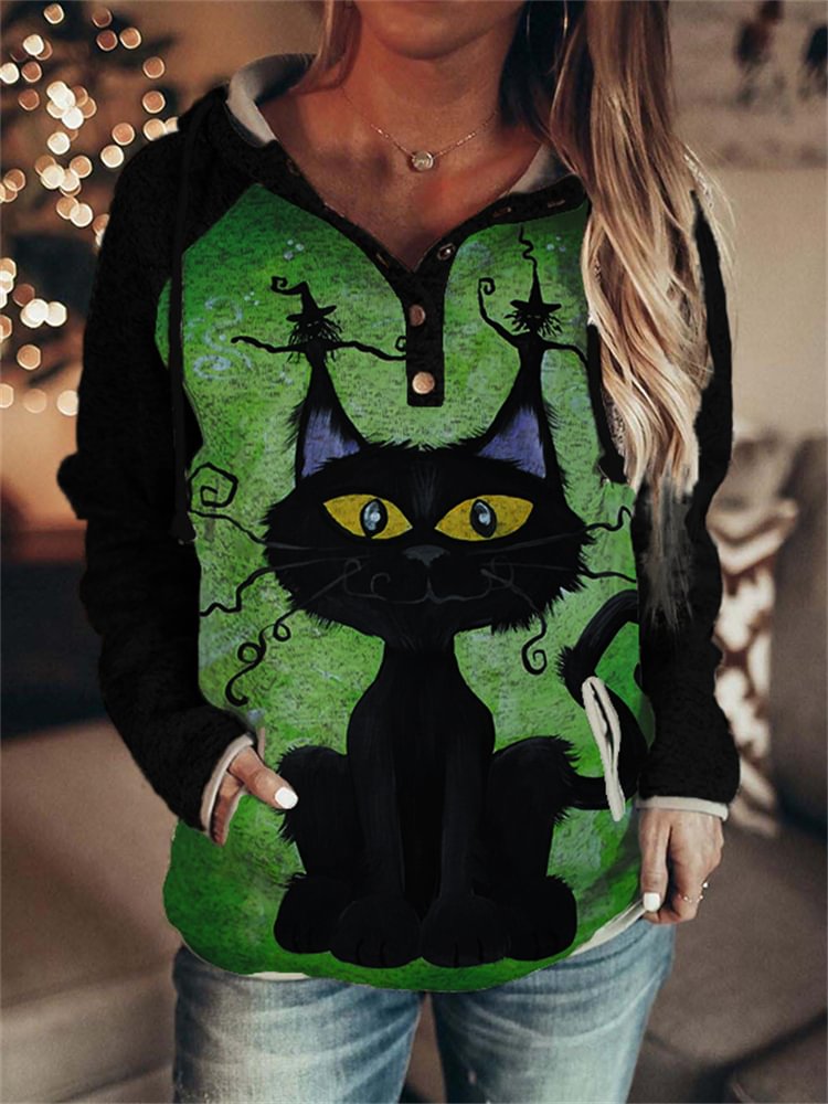 Vefave Halloween Black Cat Patchwork Button Up Hoodie
